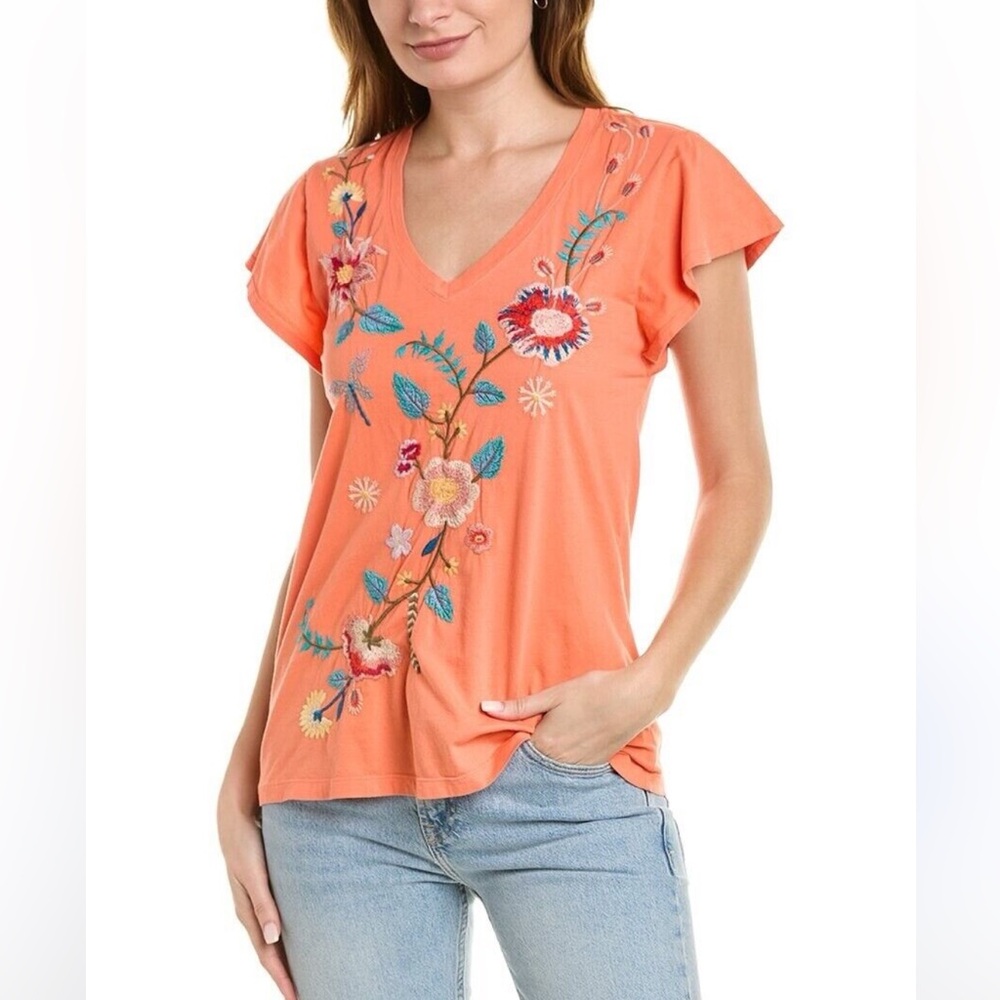 Johnny Was GRACE FLUTTER SLEEVE TEE Embroidered Tee medium - Picture 8 of 8